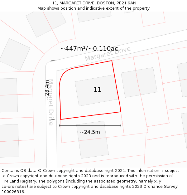 11, MARGARET DRIVE, BOSTON, PE21 9AN: Plot and title map