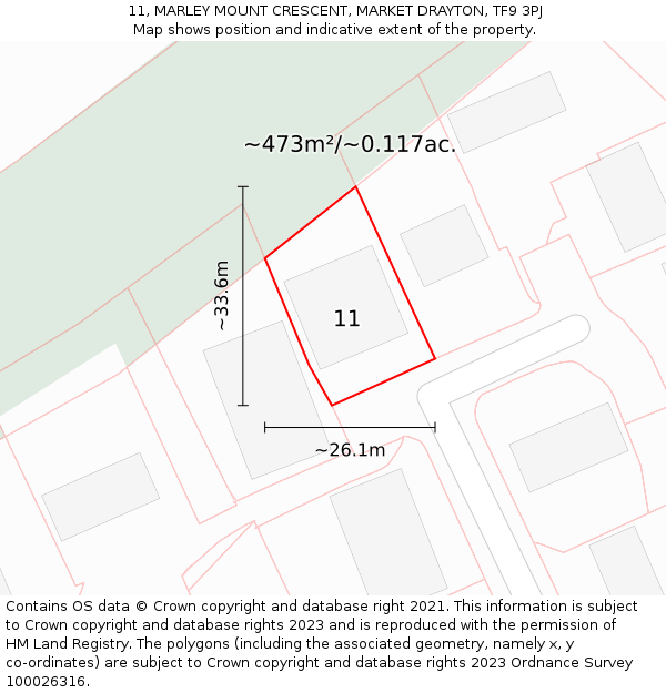 11, MARLEY MOUNT CRESCENT, MARKET DRAYTON, TF9 3PJ: Plot and title map