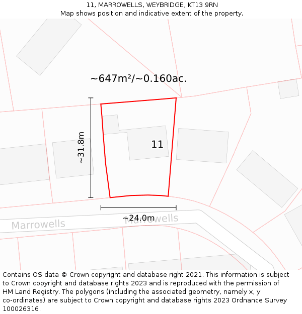 11, MARROWELLS, WEYBRIDGE, KT13 9RN: Plot and title map