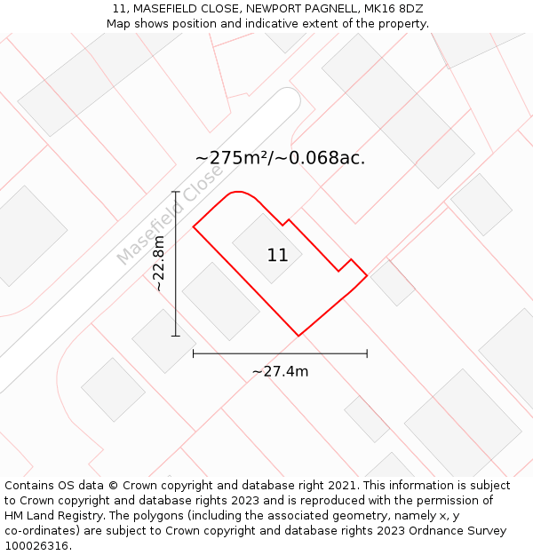 11, MASEFIELD CLOSE, NEWPORT PAGNELL, MK16 8DZ: Plot and title map
