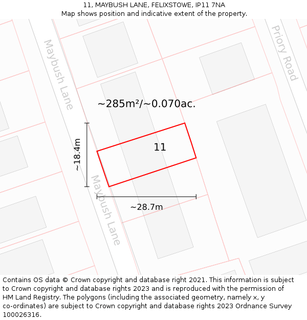 11, MAYBUSH LANE, FELIXSTOWE, IP11 7NA: Plot and title map