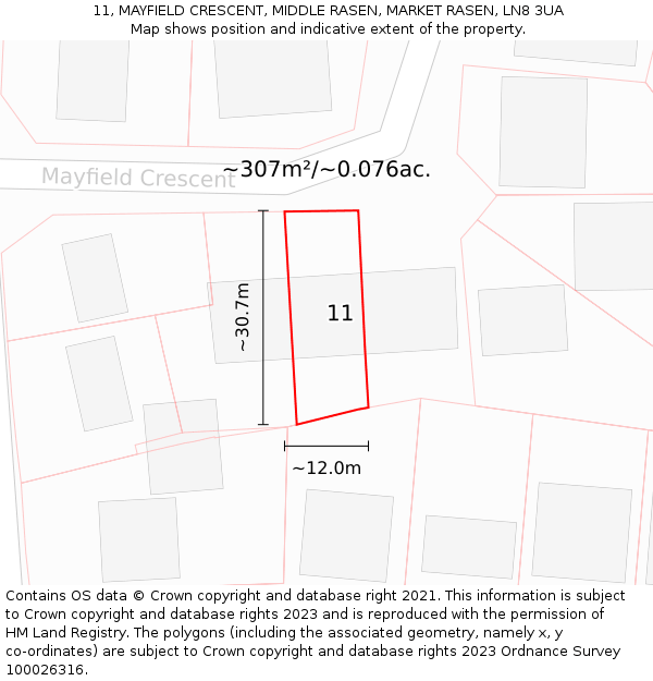 11, MAYFIELD CRESCENT, MIDDLE RASEN, MARKET RASEN, LN8 3UA: Plot and title map