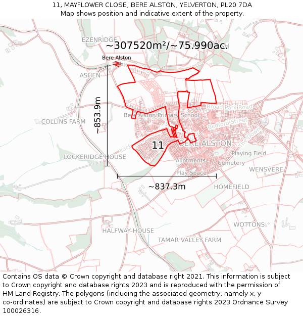 11, MAYFLOWER CLOSE, BERE ALSTON, YELVERTON, PL20 7DA: Plot and title map