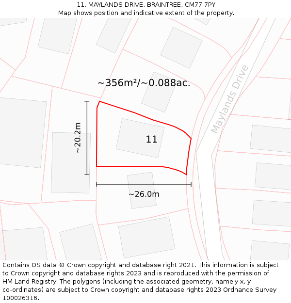 11, MAYLANDS DRIVE, BRAINTREE, CM77 7PY: Plot and title map