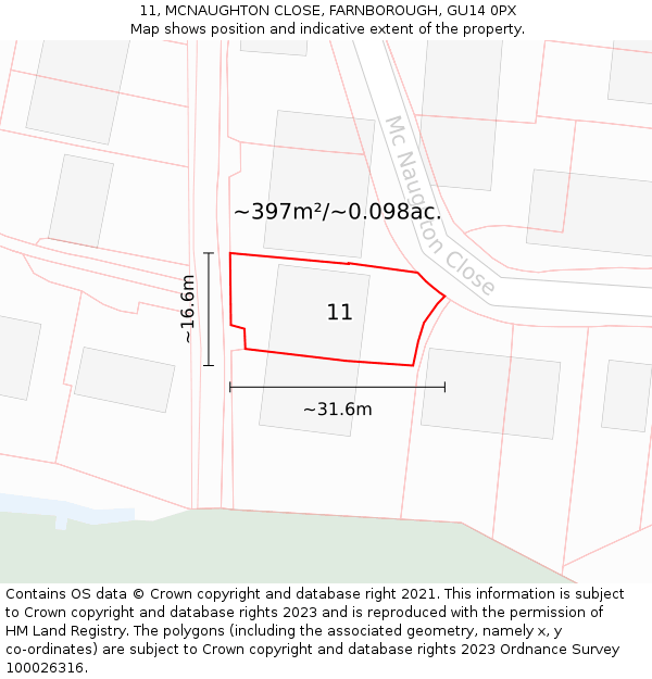 11, MCNAUGHTON CLOSE, FARNBOROUGH, GU14 0PX: Plot and title map