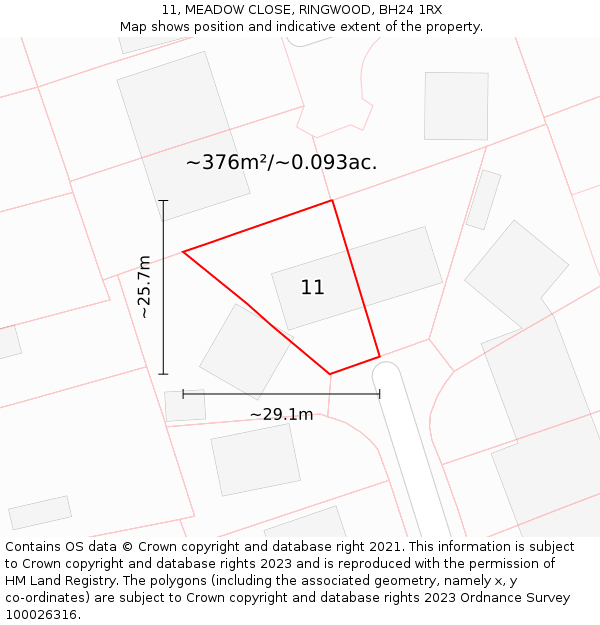 11, MEADOW CLOSE, RINGWOOD, BH24 1RX: Plot and title map