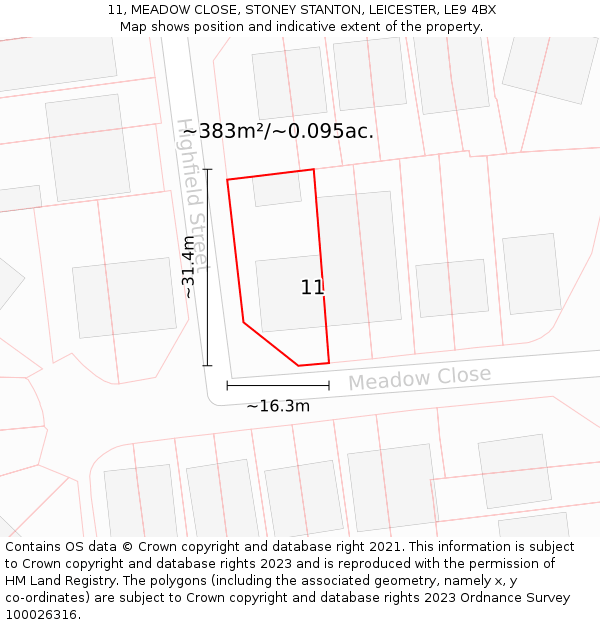 11, MEADOW CLOSE, STONEY STANTON, LEICESTER, LE9 4BX: Plot and title map
