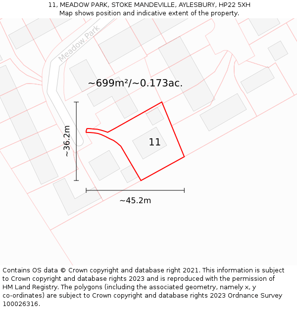 11, MEADOW PARK, STOKE MANDEVILLE, AYLESBURY, HP22 5XH: Plot and title map