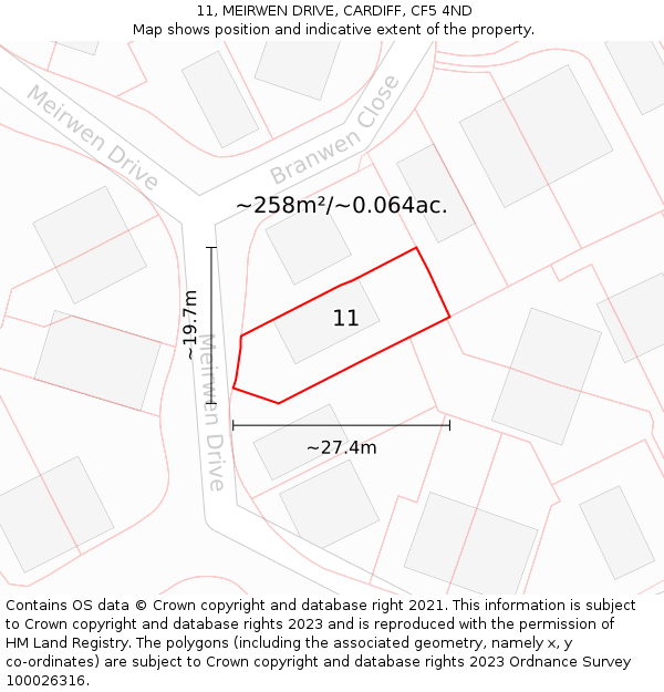 11, MEIRWEN DRIVE, CARDIFF, CF5 4ND: Plot and title map