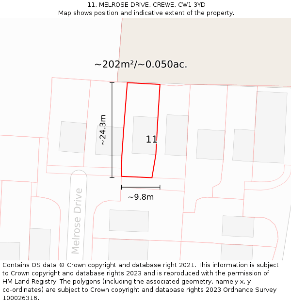 11, MELROSE DRIVE, CREWE, CW1 3YD: Plot and title map