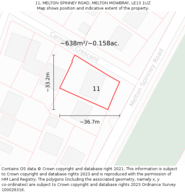 11, MELTON SPINNEY ROAD, MELTON MOWBRAY, LE13 1UZ: Plot and title map