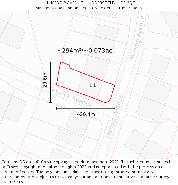 11, MENDIP AVENUE, HUDDERSFIELD, HD3 3QG: Plot and title map