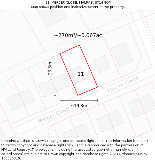 11, MERCER CLOSE, MALPAS, SY14 8QP: Plot and title map