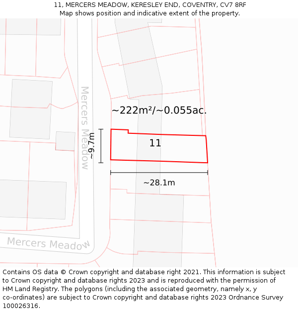 11, MERCERS MEADOW, KERESLEY END, COVENTRY, CV7 8RF: Plot and title map