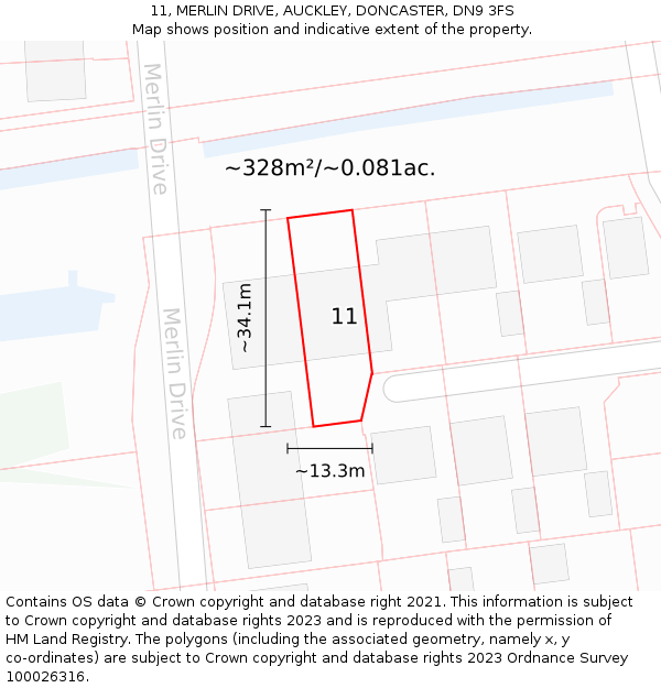 11, MERLIN DRIVE, AUCKLEY, DONCASTER, DN9 3FS: Plot and title map