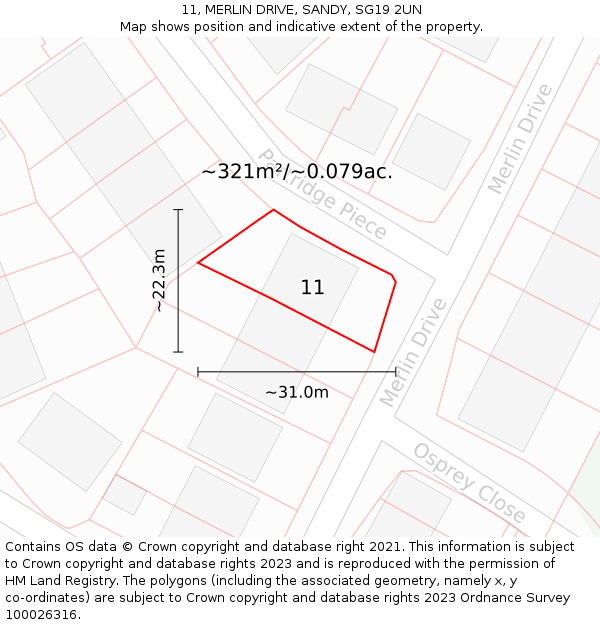 11, MERLIN DRIVE, SANDY, SG19 2UN: Plot and title map