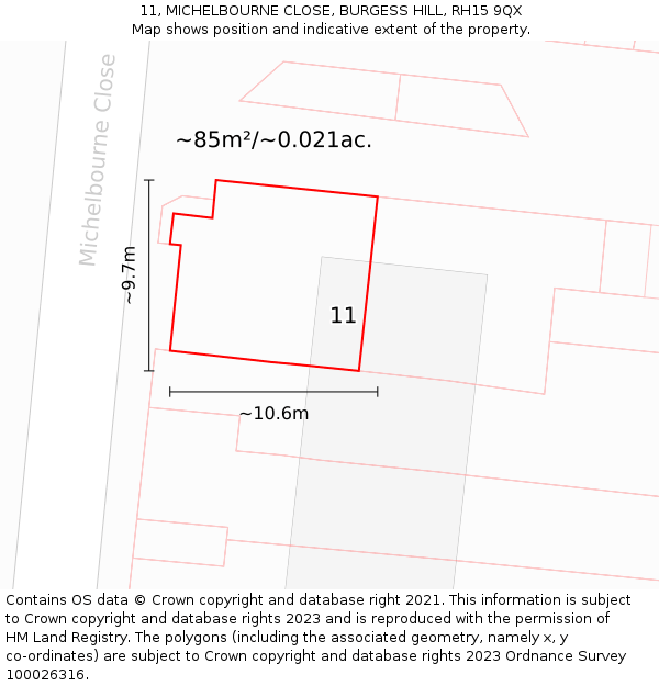 11, MICHELBOURNE CLOSE, BURGESS HILL, RH15 9QX: Plot and title map