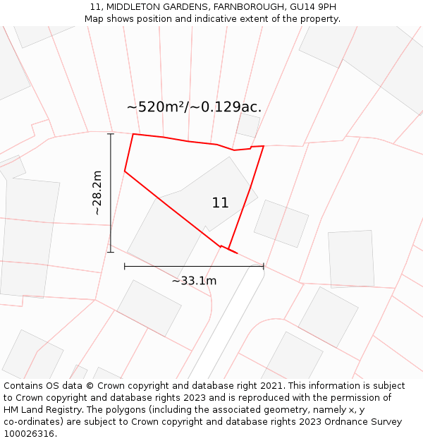 11, MIDDLETON GARDENS, FARNBOROUGH, GU14 9PH: Plot and title map
