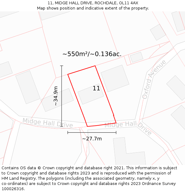 11, MIDGE HALL DRIVE, ROCHDALE, OL11 4AX: Plot and title map