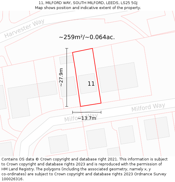 11, MILFORD WAY, SOUTH MILFORD, LEEDS, LS25 5GJ: Plot and title map