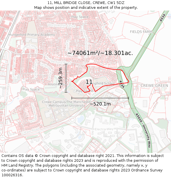 11, MILL BRIDGE CLOSE, CREWE, CW1 5DZ: Plot and title map