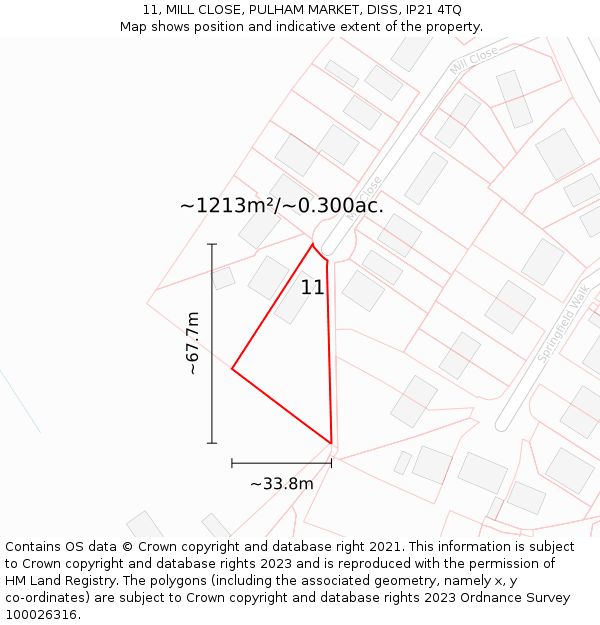 11, MILL CLOSE, PULHAM MARKET, DISS, IP21 4TQ: Plot and title map