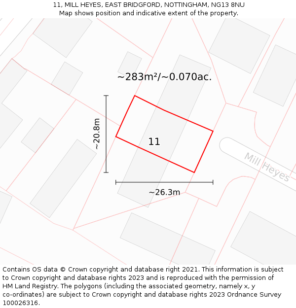 11, MILL HEYES, EAST BRIDGFORD, NOTTINGHAM, NG13 8NU: Plot and title map