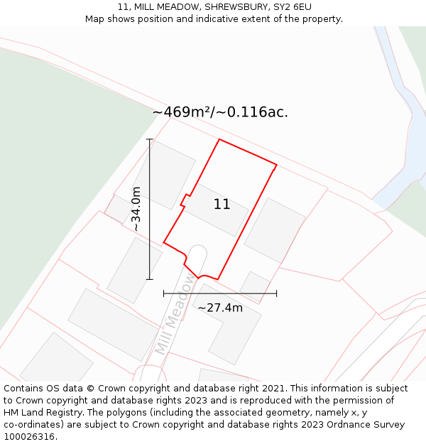 11, MILL MEADOW, SHREWSBURY, SY2 6EU: Plot and title map