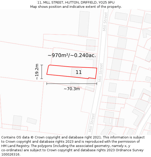 11, MILL STREET, HUTTON, DRIFFIELD, YO25 9PU: Plot and title map