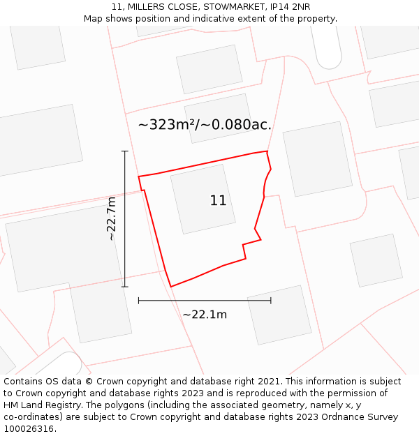 11, MILLERS CLOSE, STOWMARKET, IP14 2NR: Plot and title map