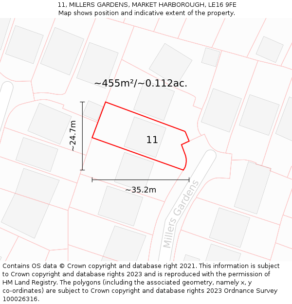 11, MILLERS GARDENS, MARKET HARBOROUGH, LE16 9FE: Plot and title map