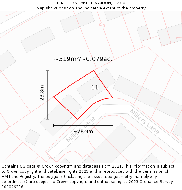 11, MILLERS LANE, BRANDON, IP27 0LT: Plot and title map