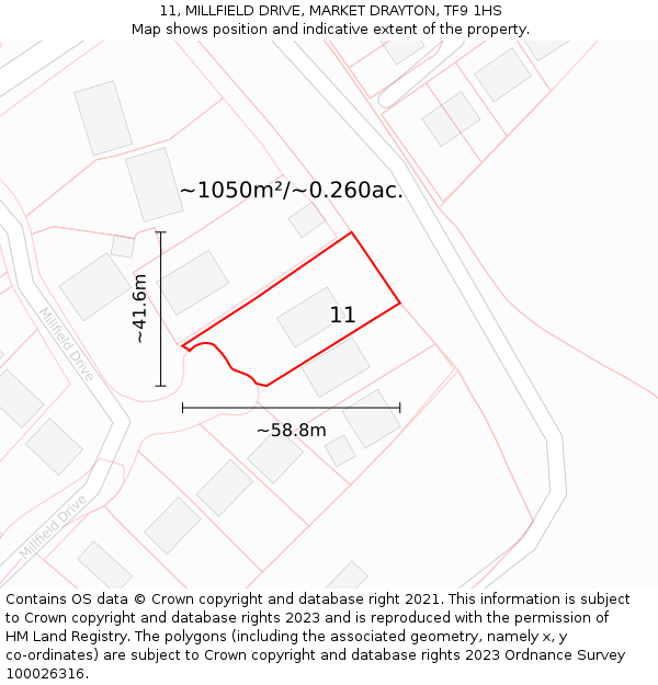 11, MILLFIELD DRIVE, MARKET DRAYTON, TF9 1HS: Plot and title map