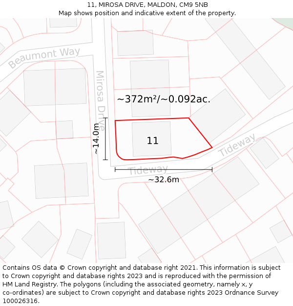 11, MIROSA DRIVE, MALDON, CM9 5NB: Plot and title map