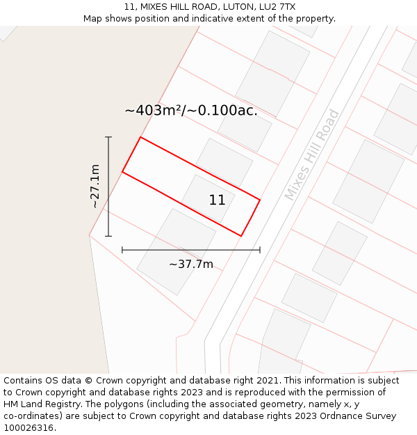 11, MIXES HILL ROAD, LUTON, LU2 7TX: Plot and title map
