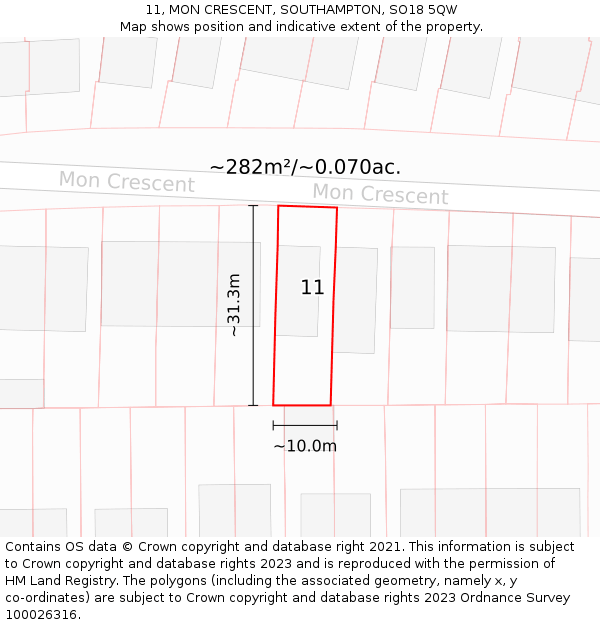 11, MON CRESCENT, SOUTHAMPTON, SO18 5QW: Plot and title map