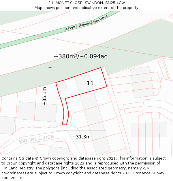 11, MONET CLOSE, SWINDON, SN25 4GW: Plot and title map