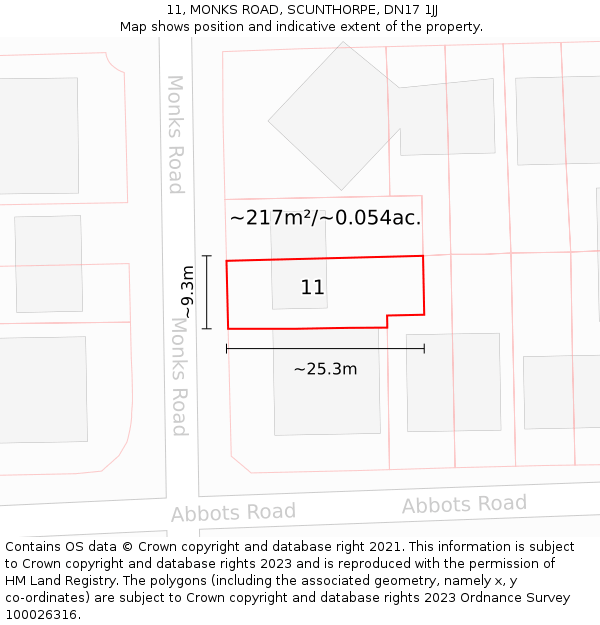 11, MONKS ROAD, SCUNTHORPE, DN17 1JJ: Plot and title map