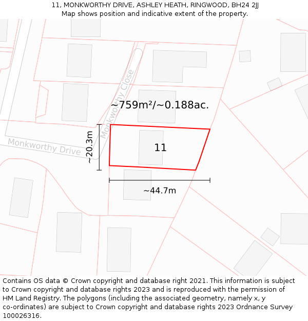 11, MONKWORTHY DRIVE, ASHLEY HEATH, RINGWOOD, BH24 2JJ: Plot and title map