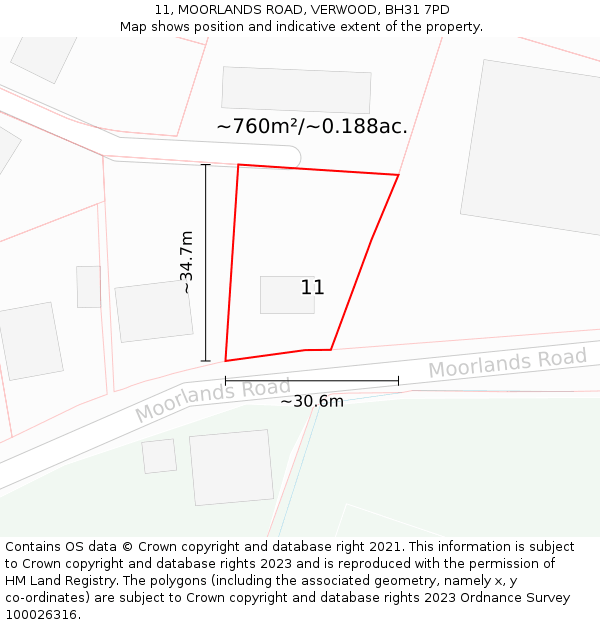 11, MOORLANDS ROAD, VERWOOD, BH31 7PD: Plot and title map