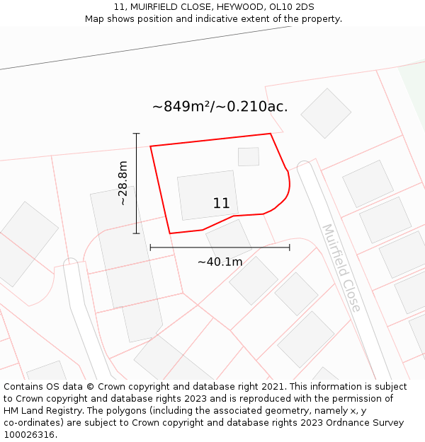 11, MUIRFIELD CLOSE, HEYWOOD, OL10 2DS: Plot and title map