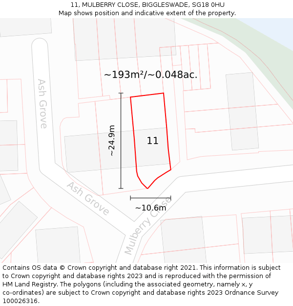 11, MULBERRY CLOSE, BIGGLESWADE, SG18 0HU: Plot and title map