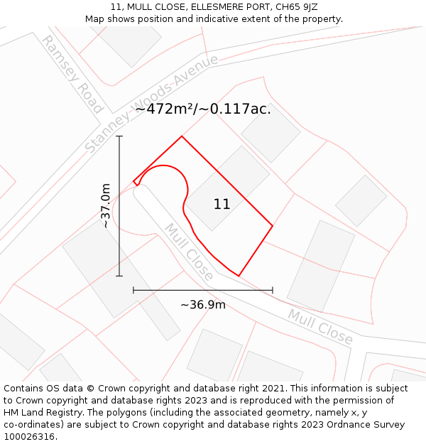 11, MULL CLOSE, ELLESMERE PORT, CH65 9JZ: Plot and title map