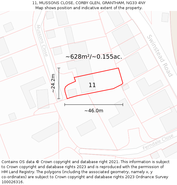 11, MUSSONS CLOSE, CORBY GLEN, GRANTHAM, NG33 4NY: Plot and title map