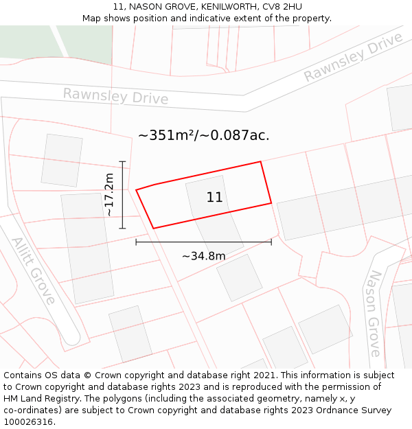 11, NASON GROVE, KENILWORTH, CV8 2HU: Plot and title map