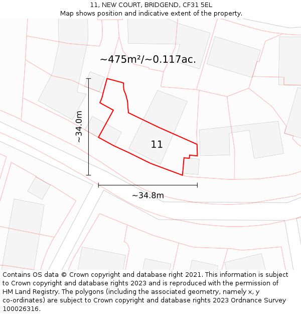 11, NEW COURT, BRIDGEND, CF31 5EL: Plot and title map