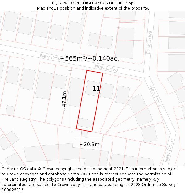 11, NEW DRIVE, HIGH WYCOMBE, HP13 6JS: Plot and title map