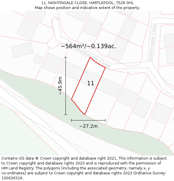 11, NIGHTINGALE CLOSE, HARTLEPOOL, TS26 0HL: Plot and title map