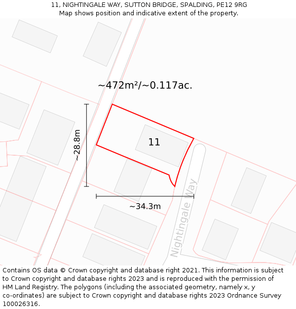 11, NIGHTINGALE WAY, SUTTON BRIDGE, SPALDING, PE12 9RG: Plot and title map