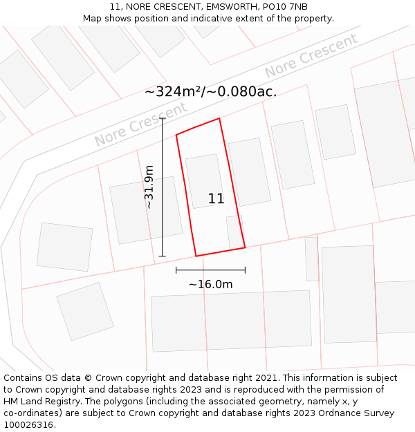11, NORE CRESCENT, EMSWORTH, PO10 7NB: Plot and title map